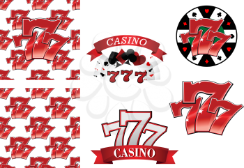 Colorful red casino and gambling emblems or badges depicting the iconic lucky numbers 777 as seamless patterns, with banners and playing cards