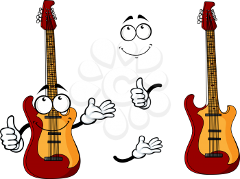 Smiling cartoon guitar character with waving arms with a second plain variant with no face and separate elements, for any musical or entertainment design