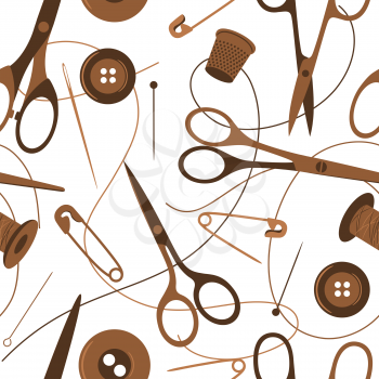 Seamless background pattern of sewing accessories in shades of brown scattered on a white background with scissors, thread, button, safety pin and thimble, vector illustration