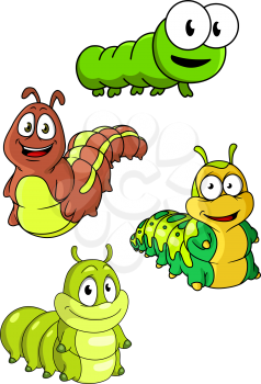 Cute colorful cartoon caterpillars characters with happy smiling faces and different patterns, isolated on white
