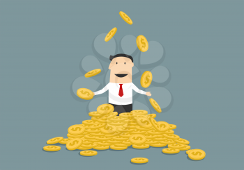Successful businessman standing on a pile of dollar gold coins juggling his money over a grey background with copyspace