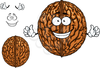 Smiling happy whole fresh walnut character in its shell with waving arms with a second plain variant with no face and separate elements