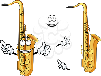 Side view of a happy cartoon saxophone instrument character with a grinning face and waving arms with a second plain variant with no face and separate elements
