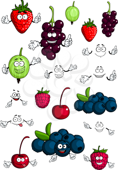 Cartoon healthy berries and fruit characters with cherry, strawberry, raspberry, blueberry, gooseberry and currant for fresh nutrition food concept design, isolated on white background