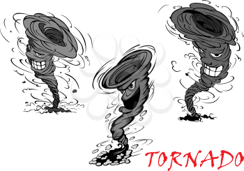 Nasty grey cartoon tornado, hurricane and thunderstorm characters with danger smiles