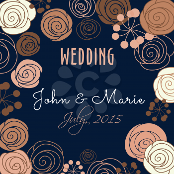 Wedding invitation template with a floral border and central text in retro style in square format