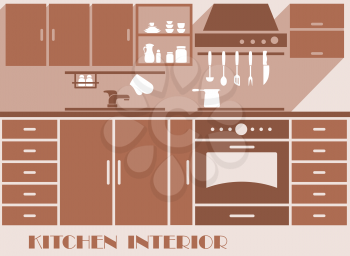Kitchen interior design graphic in shades of brown of a modern fitted kitchen with cabinets and appliances