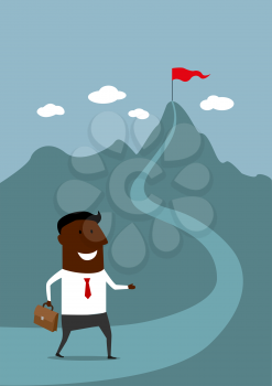 Ambitious african american businessman striving to reach the top walking along a road with his briefcase towards a red flag on a distant mountain peak