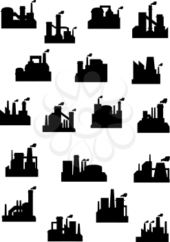 Industrial factories and refineries icon set with black silhouettes of installations with chimneys belching polluting smoke
