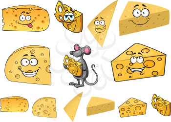 Wedges of happy cartoon cheese with smiling faces with a cute little a mouse in thwe center and second variations with no faces