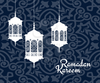 Hanging arabic lanterns or lamps for Ramadan Kareem holiday greeting card design