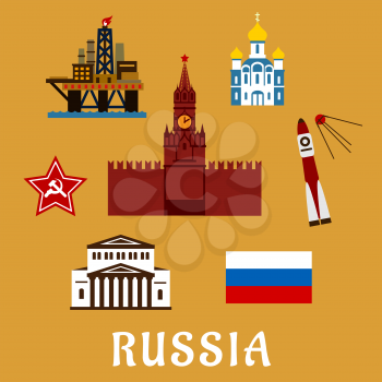 Russian travel icons and symbols with Big Theater, Kremlin,  temple, rocket and satellite, star, oil rig and flag with text  Russia  below