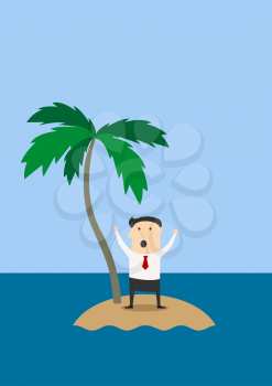 Businessman marooned on a tropical island standing under a palm tree shouting and waving his arms to attract attention