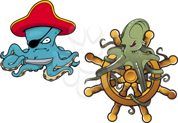 Two fun cartoon octopus with the first dressed as an evil pirate with eye patch and the second entwined around a helm 