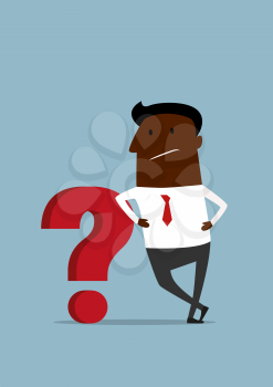 Cartoon african american  businessman leaning on red question mark with both hands on the waist