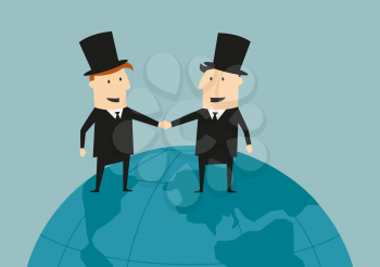 Cartoon businessman and industrialist in top hats standing on top of a world globe shaking hands across the oceans