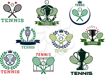Tennis competition emblems or icons depicting tennis balls, crossed rackets and trophy cups with heraldic and decor elements