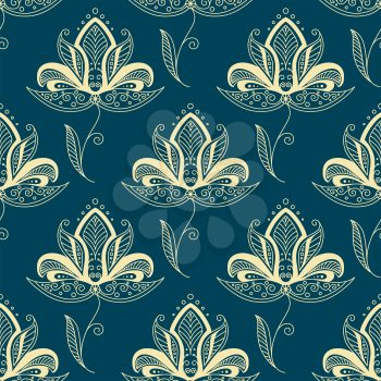Vintage traditional paisley floral seamless pattern with beige flowers  decorated with oriental ethnic ornament on teal background for textile or interior design