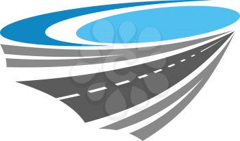Road or highway color icon near blue lake for transportation, travel and navigation design