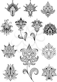 Paisley outline flowers with sagittate petals and curved leaves decorated with traditional indian ornaments for lace embellishment or vintage design