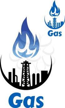 Gas processing factory icon or emblem with pipeline and blue flame for industrial design