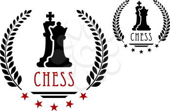 Chess game emblem or logo with black silhouettes of king and queen framed laurel wreath with stars and caption Chess