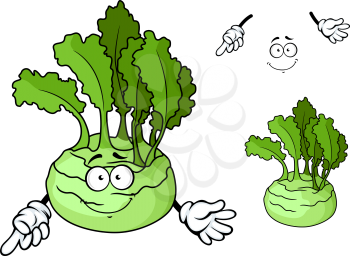 Smiling ripe kohlrabi cabbage vegetable cartoon character with crisp and juicy stem and bright green leaves for natural food or agriculture design