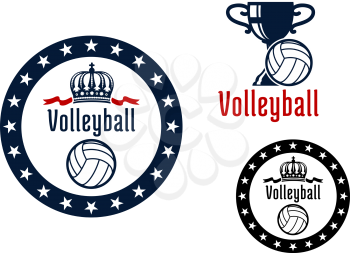 Volleyball sport game heraldic emblems woth round frame, royal crown, trophy cup and white ball for sports design