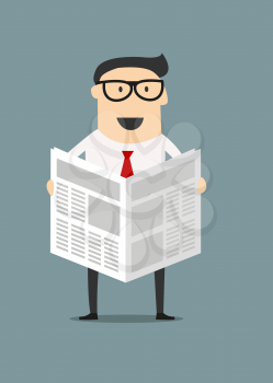Smiling cartoon businessman standing and reading a newspaper with good news for business concept design, flat style