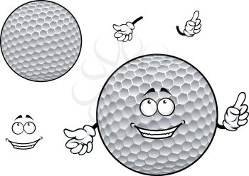 Happy smiling white golf ball cartoon character with symmetric dimpled pattern for sporting mascot design