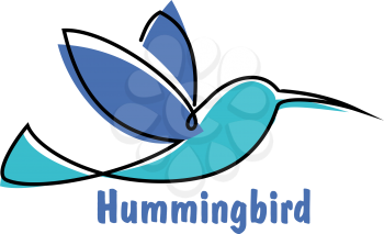 Soaring hummingbird symbol for logo or emblem design with abstract colibri little bird in shades of blue