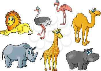 Сute cartoon african wild animals and birds characters including lion, giraffe, flamingo, hippo, camel, rhino, ostrich for savannah wildlife concept