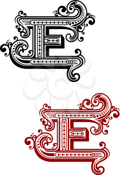 Retro capital alphabet letter E with curly vintage elements and decorations for monogram or emblem design