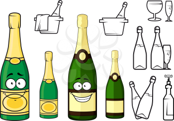 Cartoon champagne bottles characters with golden luxury labels and cheerful smiles isolated on white background with glasses, buckets, corkscrew and bottles icons