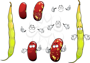 Happy yellow pods of bean vegetable cartoon characters with smooth mottled brown beans for agriculture design