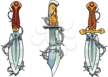 Ancient daggers with curved blade edges, carved handles and barbed wire in cartoon style for tattoo design