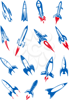 Blue flying space rockets or spaceships and missiles with red flaming tracks in retro cartoon style for logo or emblem design