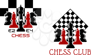 Chess club sport emblems or symbols with chessmen ant turned chess board