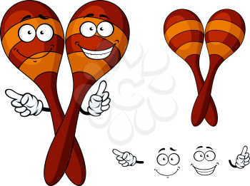 Crossed mexican wooden maracas or rumba shaker cartoon characters showing brown wooden musical instruments with orange strips and funny smiling faces for party decoration design
