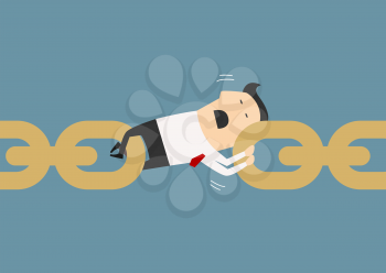 Exhausted businessman holding a chain as a link together for teamwork or cooperation business concept design, flat cartoon style
