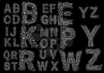 Floral outline alphabet with airy capital letters consist of cordate leaves, flowers and twisted tendrils on black background for vintage decoration or book design