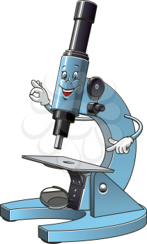 Cartoon smiling microscope mascot character pointing at specimen slide and showing sign OK for laboratory equipment or school concept design