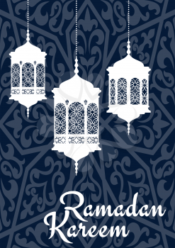 Ramadan Mubarak greeting card template with oriental lantern white silhouettes and wishes Ramadan Kareem on blue arabic seamless pattern