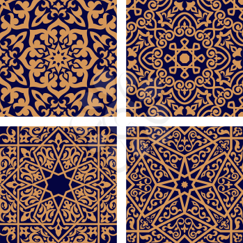 Geometric arabic seamless patterns with orange ornament and interlacing foliage elements on dark indigo background for religion or tile design