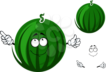 Cute ripe striped green watermelon fruit cartoon character with short curly stalk and funny face