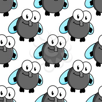 Funny fly cartoon characters seamless pattern with googly eyes and tiny blue wings on white background