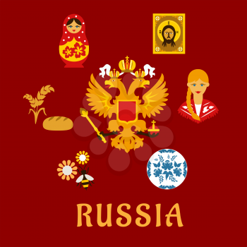 Russian traditional flat symbols depicting national doublehead eagle surrounded by ceramic gzhel dish, girl in national costume, religious icon, matryoshka doll, wheat ears with bread and bee on flowe
