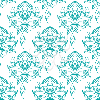 Seamless persian outline blue flowers on winding leafy stalks pattern with feathery lush petals on white background for wallpaper or textile design