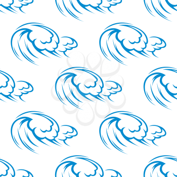 Seamless pattern of sketched blue waves in stormy ocean on white background