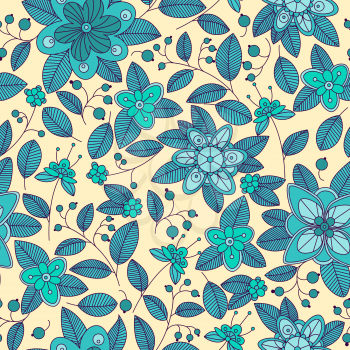 Floral seamless pattern in pastel colors with blue leafy branches of shrub, flowers and berries for wallpaper or fabric design